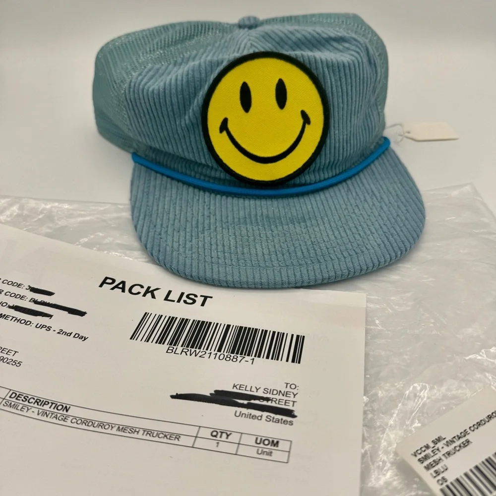 Aviator Nation Blue Corduroy Trucker Hat with Yellow Smiley Patch